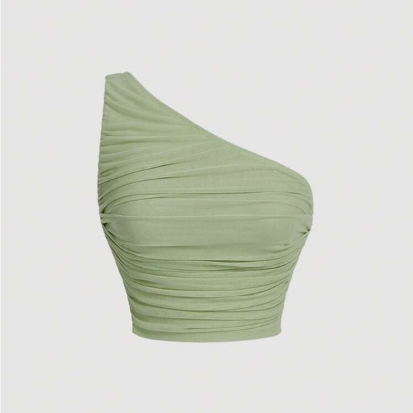 One-Shoulder Green Ruched Top - Picture 1 of 2